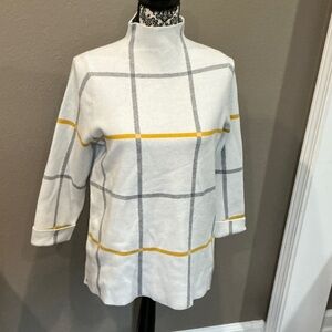Tahari White, Gray and Yellow Plaid Sweater with Yellow Stripes Size Large